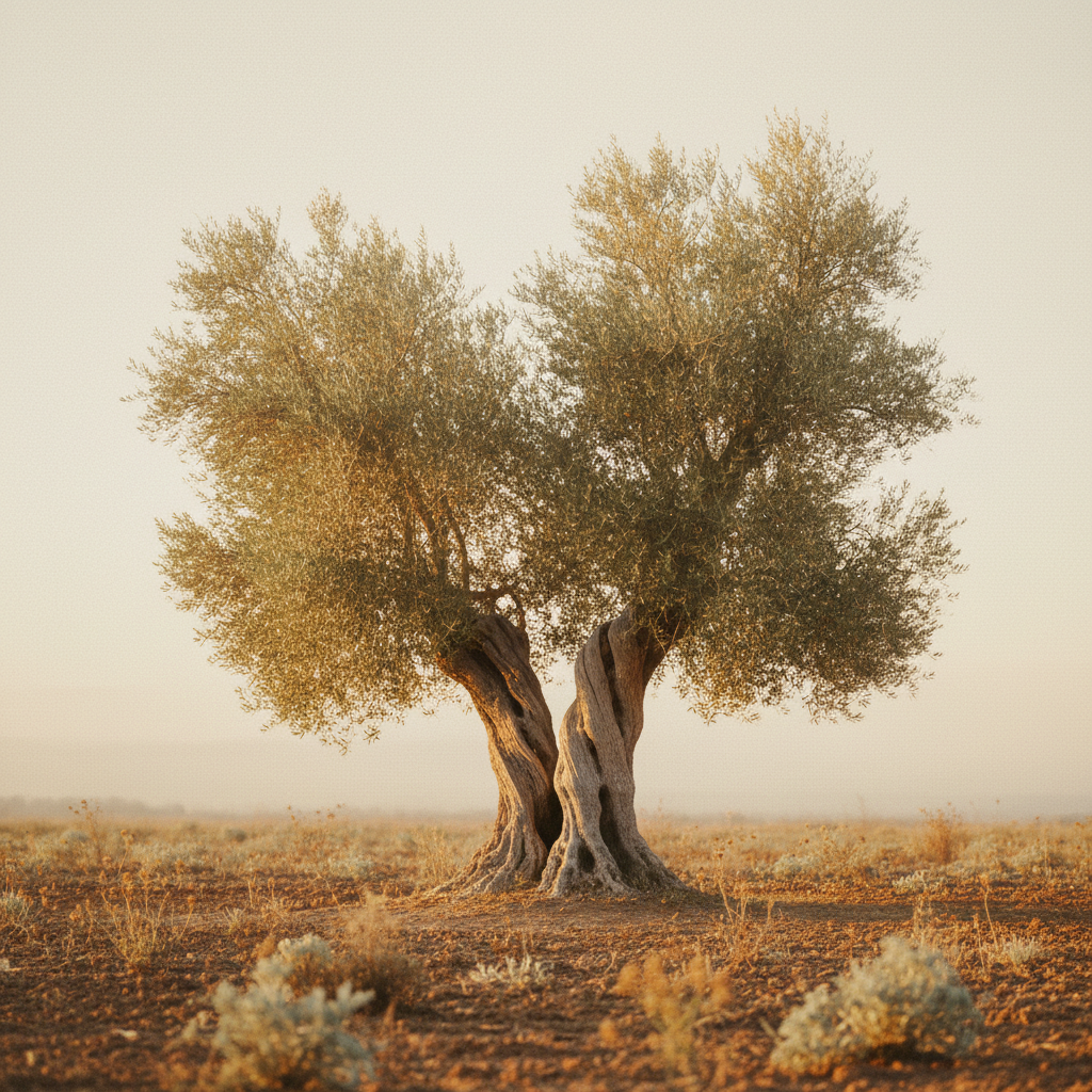 Ancient olive tree bathed in warm golden afternoon light — timeless, meditative, and rooted in nature